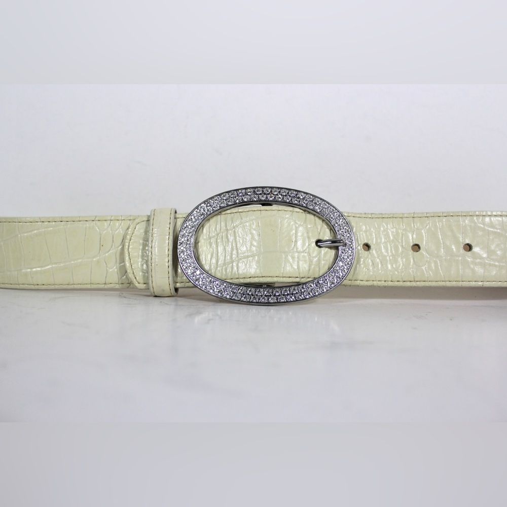 27”-31” Ivory Croc Embossed Leather Belt with Rhinestone Buckle Cream Off White